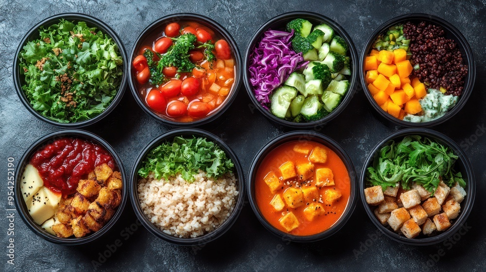 Variety of healthy food in black bowls Variety of healthy food in black bowls