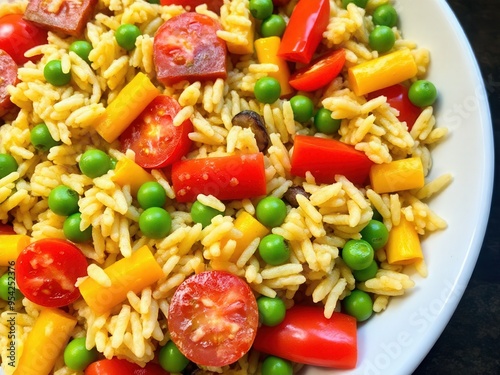 A serving of vegetable paella, with bell peppers, peas, tomatoes, and saffron-infused rice