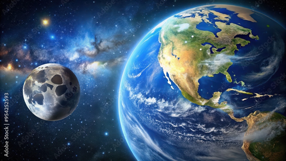 Obraz premium Image of the Earth and Moon showing the beautiful celestial bodies in space, Earth, Moon, space, celestial bodies