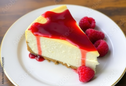 a slice of classic New York cheesecake with a rich, creamy filling and graham cracker crust, served on an elegant round plate with raspberry coulis artistically drizzled and fresh raspberries on the s