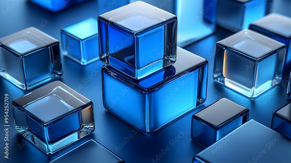 Obraz premium Shiny blue glass cubes arranged on blue background.