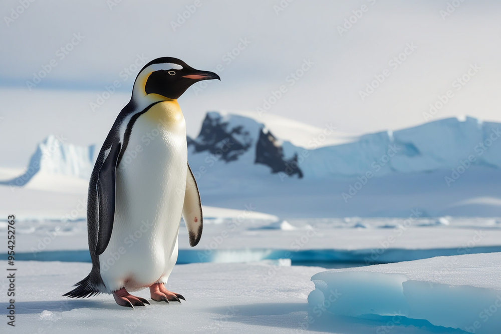 Fototapeta premium Chinstrap penguin stands proudly on ice rock