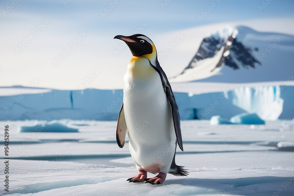 Fototapeta premium Chinstrap penguin stands proudly on ice rock