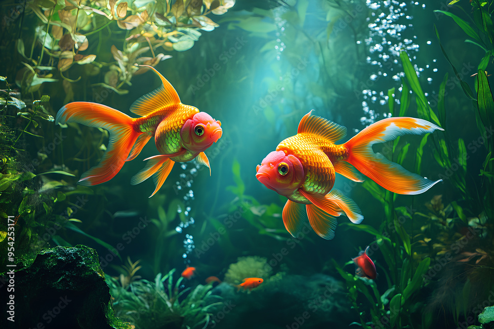 Colorful goldfish swimming in a lush, plant-filled aquarium Colorful goldfish swimming in a lush, plant-filled aquarium