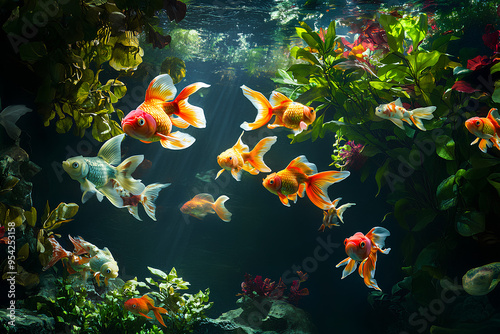 Colorful goldfish swimming in a lush, plant-filled aquarium