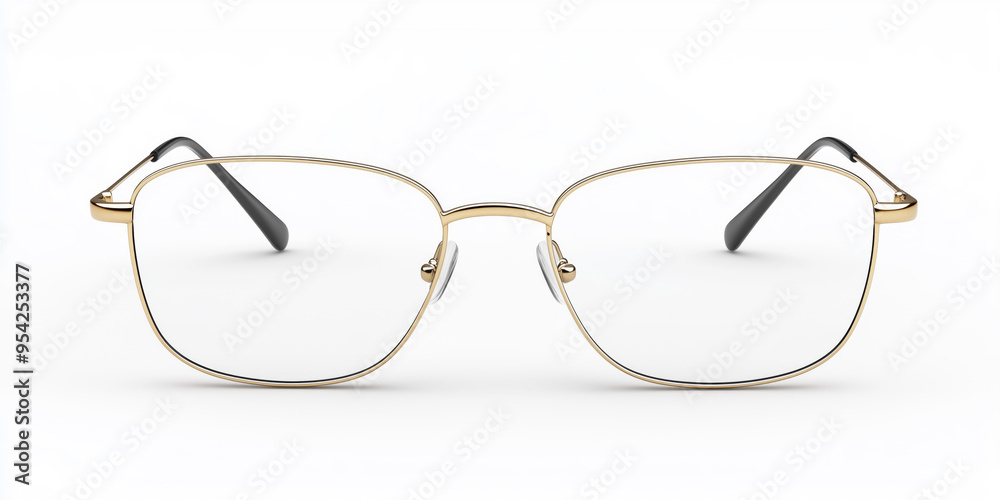 Fototapeta premium A pair of sleek, gold-rimmed eyeglasses with a minimalist design, displayed on a clean white background for a modern aesthetic