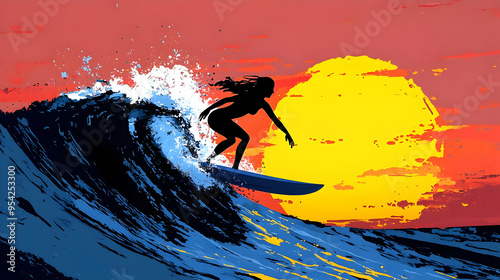 Silhouette of a surfer ridi...