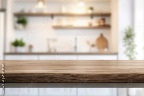 kitchen table background, wood counter top on blur of white clean abstract home interior with bokeh. used for display or montage your wooden for dining background. table banner, ai