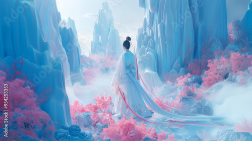 3D illustration of an anceint Chinese woman wearing Hanfu dress standing in moutains with clouds and pink flowers in ink style blue background