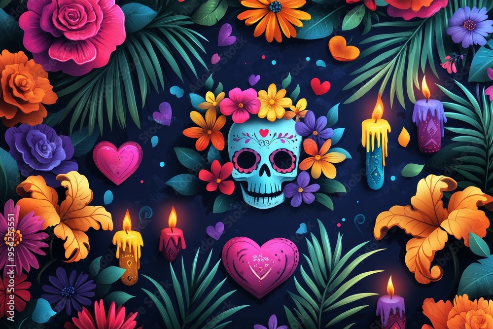 Dia de los Muertos or Day of Dead holiday. Traditional seamless pattern with skull, flowers, candles. Dia de los Muertos or Day of Dead holiday. Traditional seamless pattern with skull, flowers, candles.