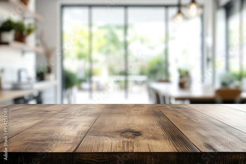 kitchen table background, wood counter top on blur of white clean abstract home interior with bokeh. used for display or montage your wooden for dining background. table banner, ai