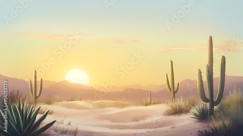 Wallpaper Mural Desert landscape with sand dunes, surrounded by cacti and a setting sun. Canyon. Illustration Torontodigital.ca