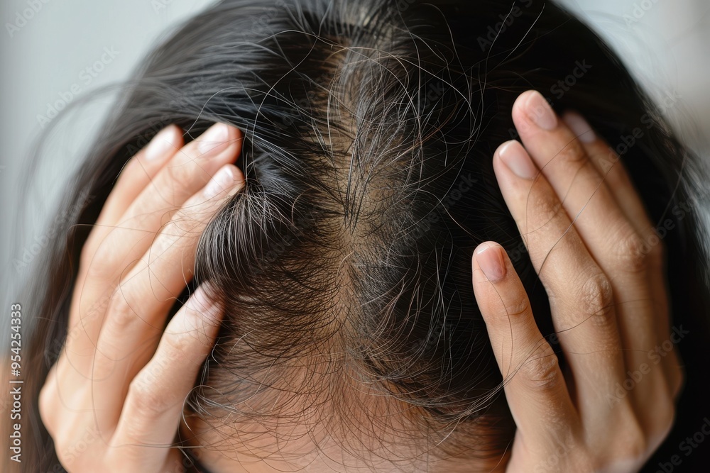 Obraz premium A woman with a bald spot on her head is holding her hands to her head