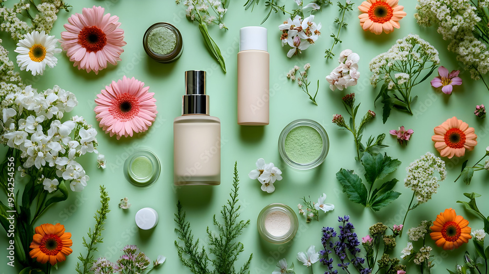 Skincare products surrounded by flowers and greenery on a green background. Skincare products surrounded by flowers and greenery on a green background.