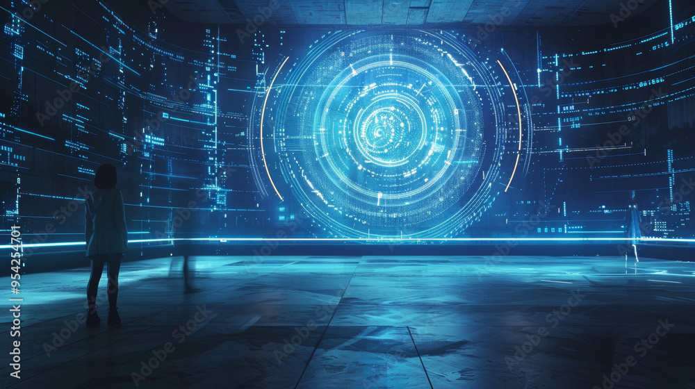 Fototapeta premium A 3D futuristic and high-tech blue background with holographic floating digital circles and glowing lines in futuristic virtual reality realistic cyberpunk style