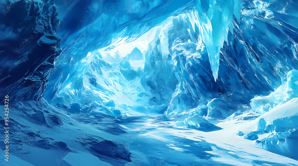Fototapeta premium Glacial ice cave interior with glowing blue light, frozen arctic cavern landscape, majestic winter grotto with sharp icicles and snow textures