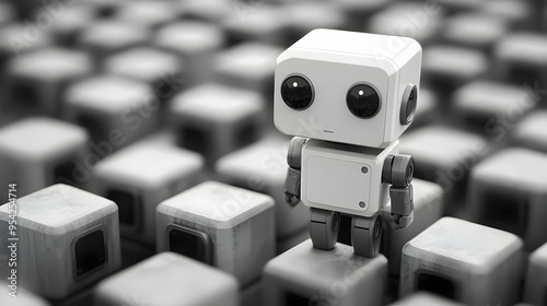 Small white robot stands on a block with many similar blocks behind.