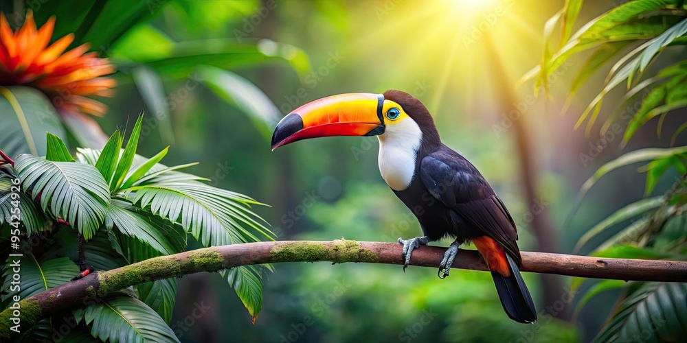 Obraz premium Colorful toucan bird sitting on a branch in a lush tropical jungle, wildlife, exotic, vibrant, feathered, beak