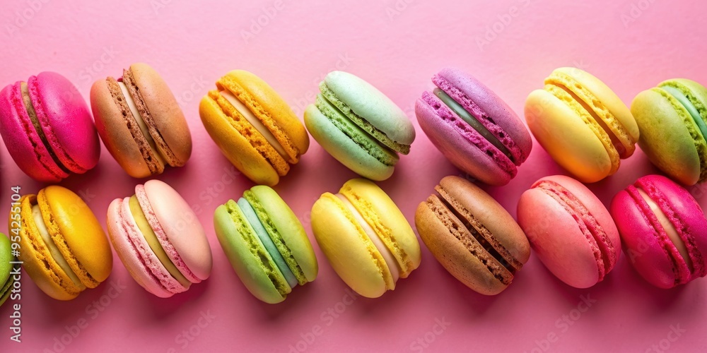 Colorful macarons on pink background in flat lay, top view, close up, macarons, colorful, dessert, pastel, sweet, bakery Colorful macarons on pink background in flat lay, top view, close up, macarons, colorful, dessert, pastel, sweet, bakery