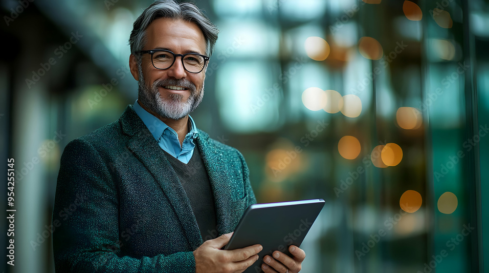 Smiling businessman holding tablet in front of office building. Smiling businessman holding tablet in front of office building.