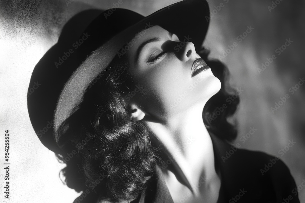 A captivating portrait of a woman wearing a stylish hat in a black and ...
