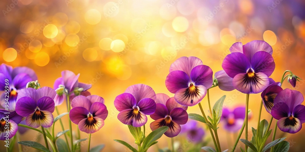 Delicate purple pansies against an orange background with soft golden glow, blurred garden backdrop, pansies, purple, orange Delicate purple pansies against an orange background with soft golden glow, blurred garden backdrop, pansies, purple, orange