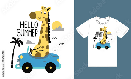 Cute giraffe driving car illustration with tshirt design premium vector photo