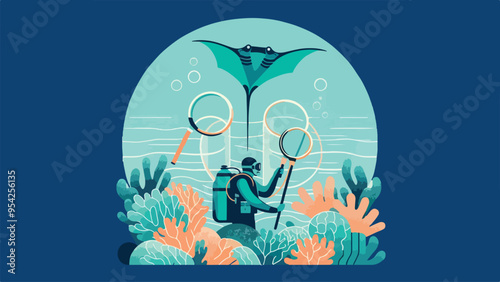  illustration of an oceanographer wearing scuba gear in the ocean, collecting a plankton sample above a coral reef with a cone-shaped net with magnified manta ray