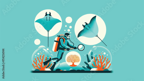  illustration of an oceanographer wearing scuba gear in the ocean, collecting a plankton sample above a coral reef with a cone-shaped net with magnified manta ray