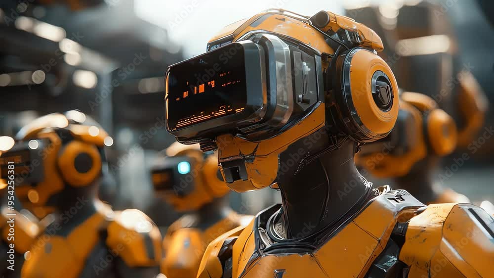 Futuristic yellow robot team with digital display face, Close-up of advanced AI humanoid in high-tech manufacturing concept Futuristic yellow robot team with digital display face, Close-up of advanced AI humanoid in high-tech manufacturing concept