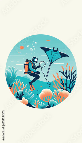  illustration of an oceanographer wearing scuba gear in the ocean, collecting a plankton sample above a coral reef with a cone-shaped net with magnified manta ray