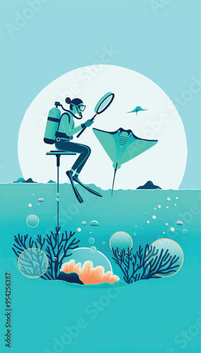  illustration of an oceanographer wearing scuba gear in the ocean, collecting a plankton sample above a coral reef with a cone-shaped net with magnified manta ray