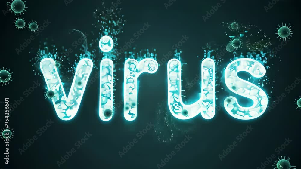 The word 'Virus' in 3D animated text made of viral cells or germs, Biological infection pathogen or malware cyber threat science concept