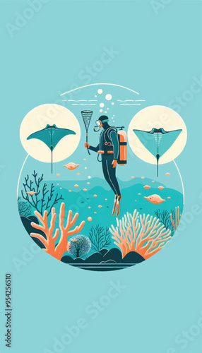  illustration of an oceanographer wearing scuba gear in the ocean, collecting a plankton sample above a coral reef with a cone-shaped net with magnified manta ray