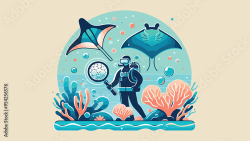  illustration of an oceanographer wearing scuba gear in the ocean, collecting a plankton sample above a coral reef with a cone-shaped net with magnified manta ray