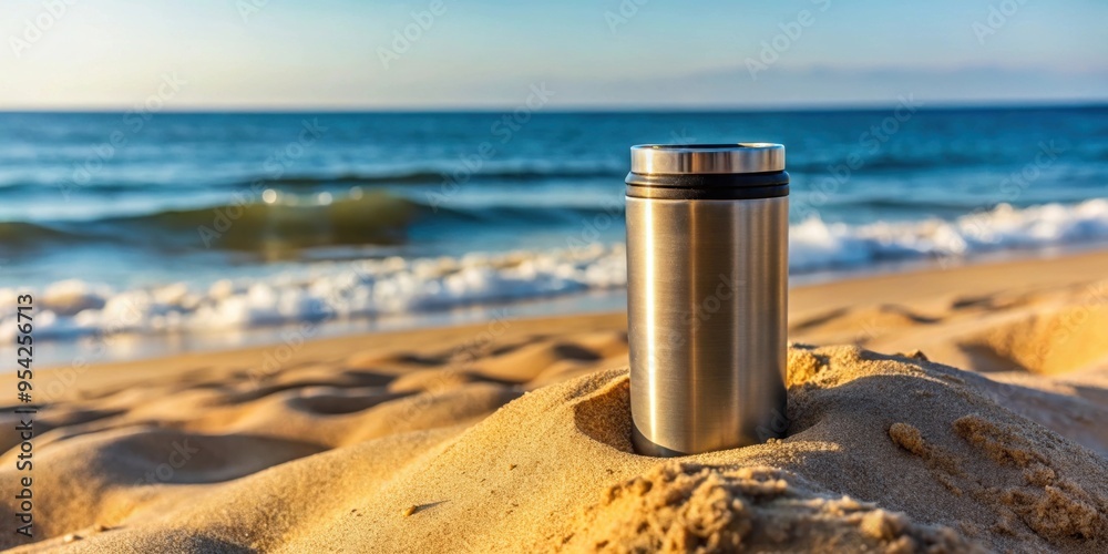 Black metal thermos cup half buried in sand on the beach, reusable coffee cup, beach, sand, black metal, thermos cup Black metal thermos cup half buried in sand on the beach, reusable coffee cup, beach, sand, black metal, thermos cup