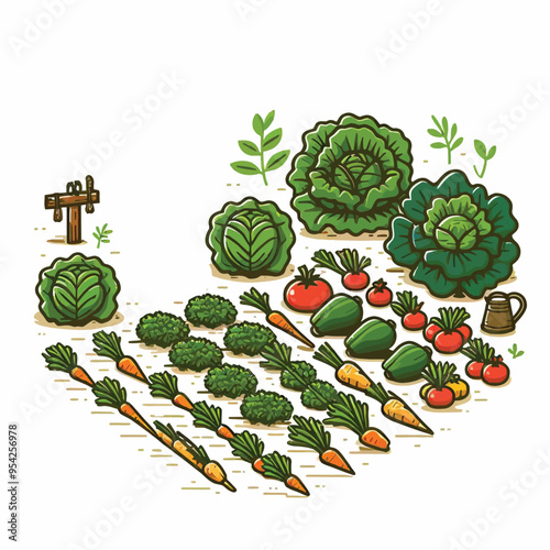 vegetable garden with rows of large vegetables like carrots, cabbages, and tomatoes