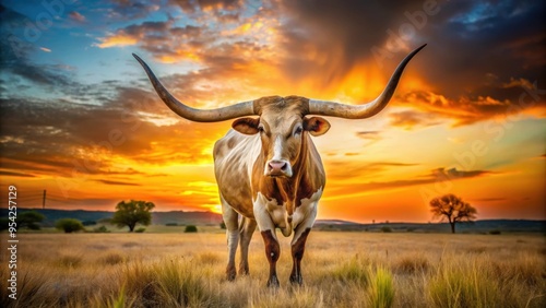 Texas watusi bull with long horns standing majestically in a field at sunset, bull, watusi, Texas, horned, long horns, cattle