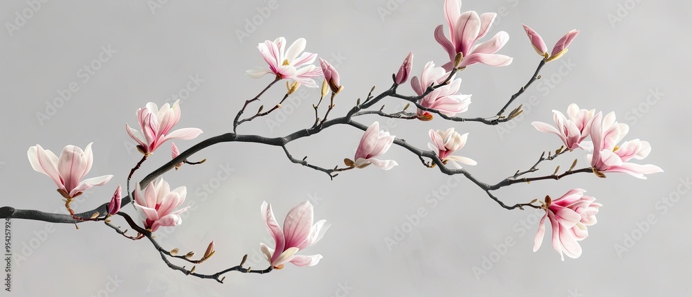 Delicate Pink Magnolia Blooms on a Bare Branch Against a Light Gray Background Delicate Pink Magnolia Blooms on a Bare Branch Against a Light Gray Background