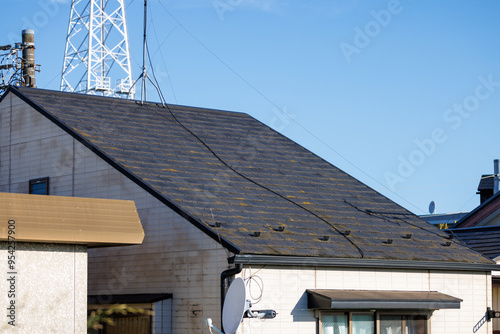 戸建住宅の苔の生えた屋根