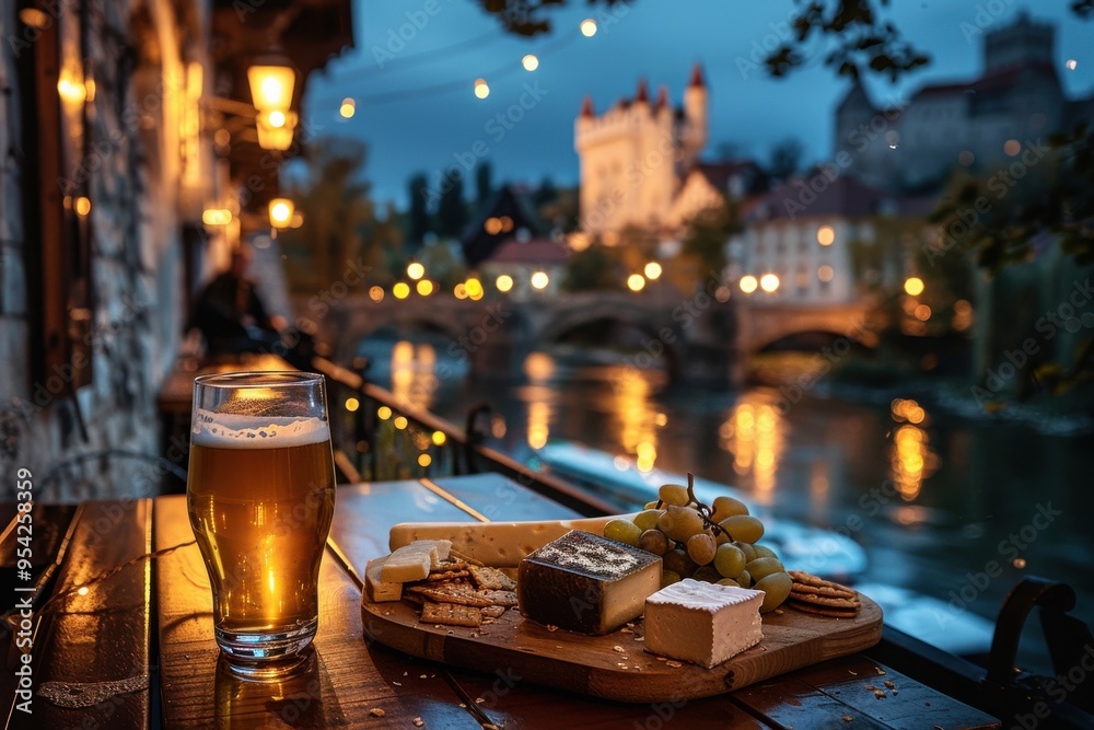 A glass of beer sits on a table next to a cheese board and grapes A glass of beer sits on a table next to a cheese board and grapes
