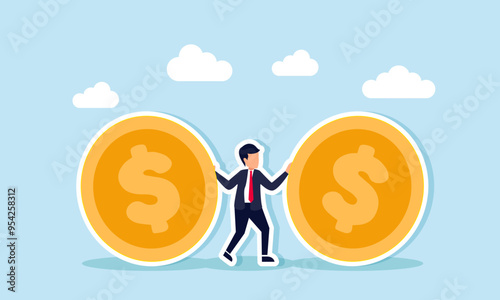 A businessman holding back two large coins rolling towards him, Illustration concept of Effort to resist temptations of bribery or corruption from all directions