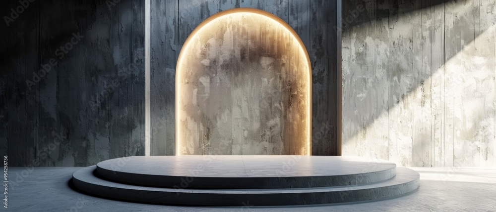 Minimalist Concrete Platform with Glowing Archway