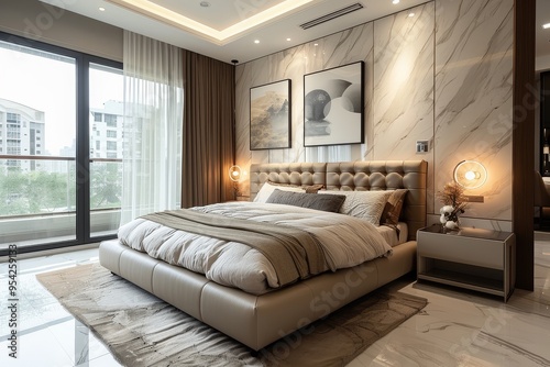 Modern Bedroom Design with Leather Bed, Accent Wall, Glass Cabinet, Light Brown, White, and Gray Scheme, Warm Lighting, 3D Render Style