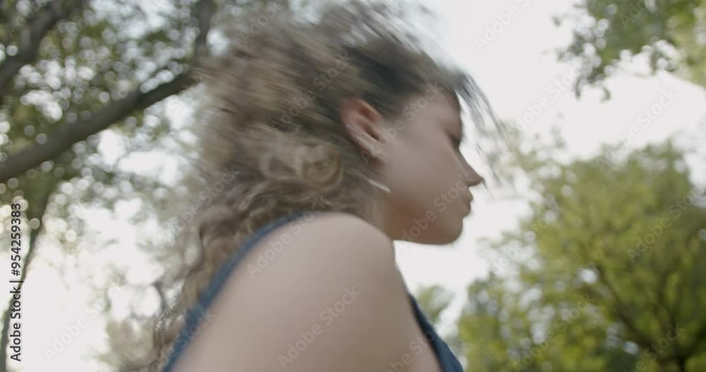 A young woman with curly hair dances expressively in a sunny park, showcasing freedom and joy through movement. A young woman with curly hair dances expressively in a sunny park, showcasing freedom and joy through movement.