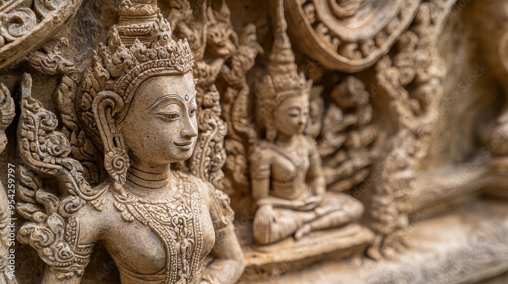 Intricate Stone Carving of a Buddhist Deity in a Temple Intricate Stone Carving of a Buddhist Deity in a Temple