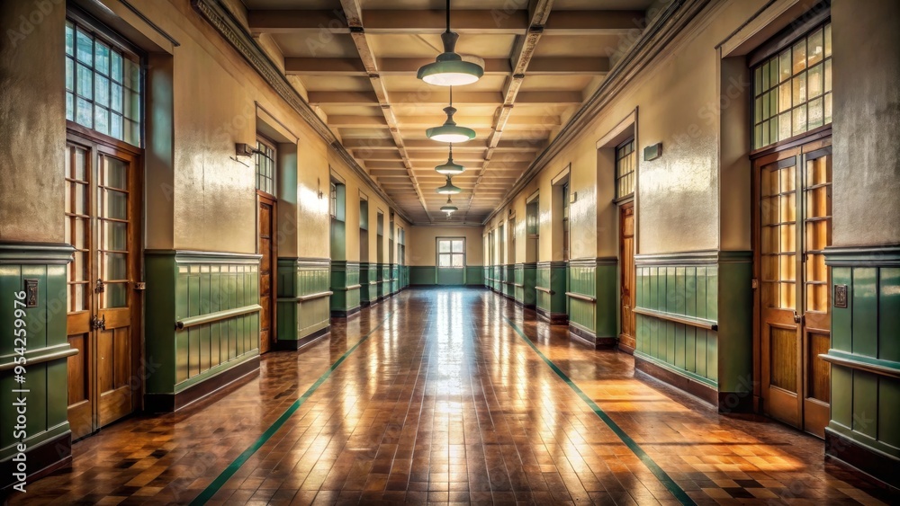 Deserted hallway in an old school , abandoned, high school, hallway, empty, forgotten, eerie, decaying Deserted hallway in an old school , abandoned, high school, hallway, empty, forgotten, eerie, decaying