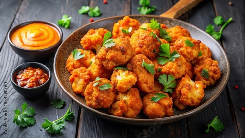 Deliciously plated cauliflower wings with vibrant presentation, cauliflower, wings, florets, marinated, spices