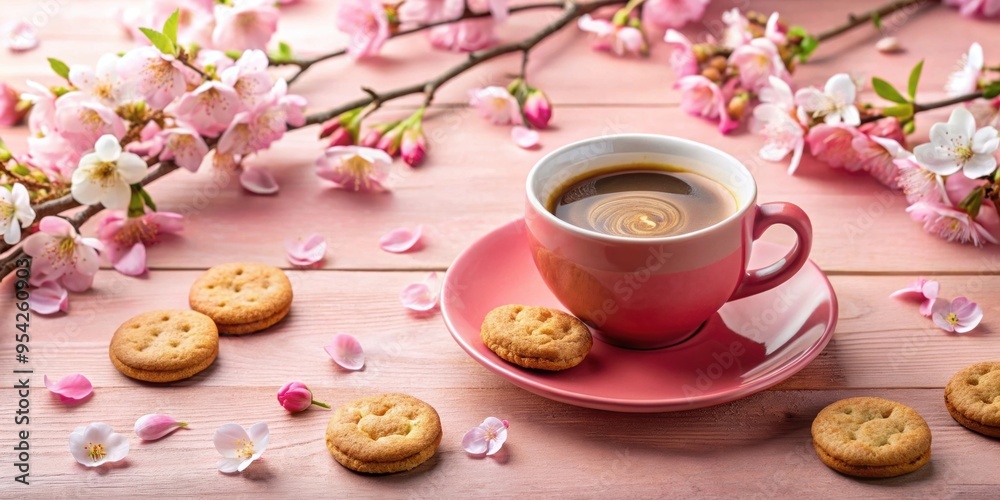 Pink cup of coffee surrounded by cookies and sakura blossoms, pink, cup, coffee, cookies, sakura blossoms Pink cup of coffee surrounded by cookies and sakura blossoms, pink, cup, coffee, cookies, sakura blossoms