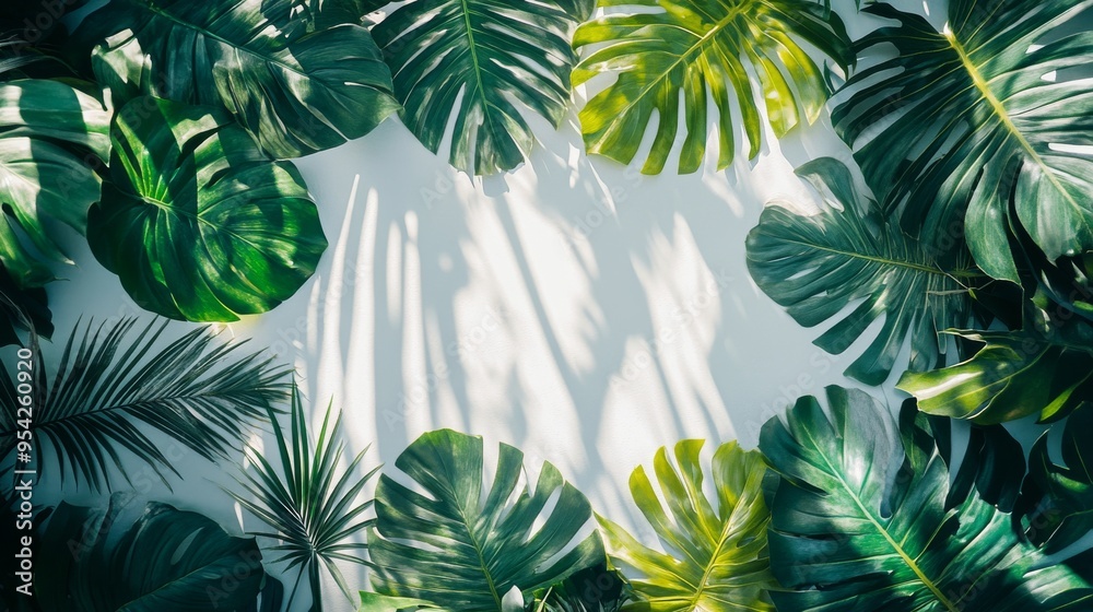 Naklejka premium Lush Tropical Leaves with Shadows on a White Background